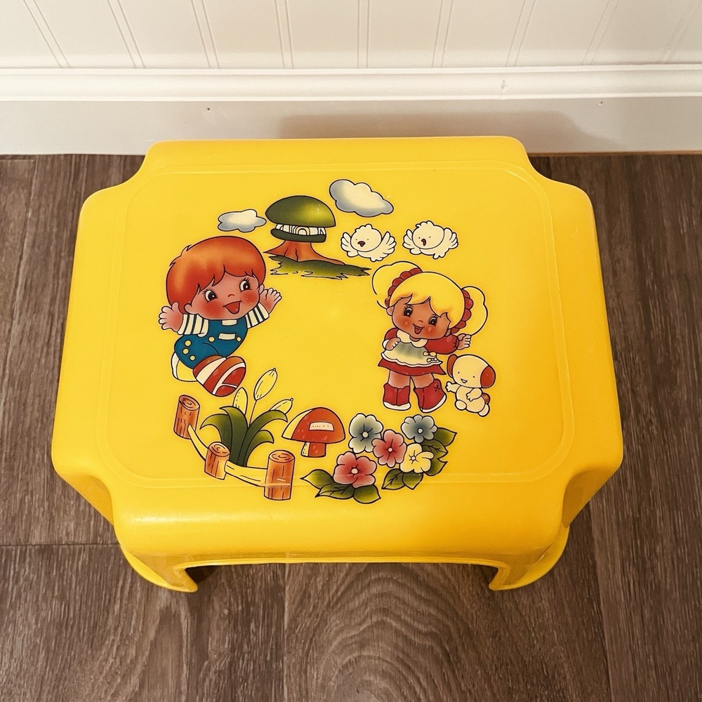 Vintage Plastic Step Stools for Kids Yellow Clouds Mushrooms Retro Cartoon